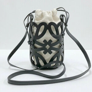 Loewe Anagram Cutout Pocket Shoulder Bag Black Leather Canvas